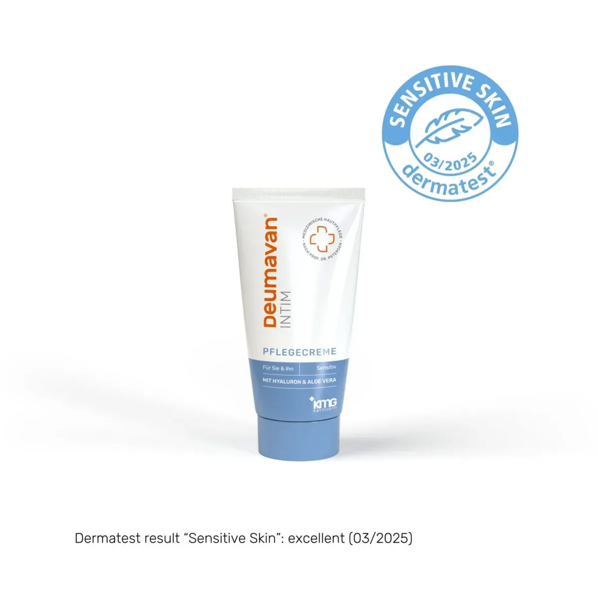 A tube of the intimate care cream with the round Dermatest seal “Sensitive Skin 03/2025”; below it the line: Dermatest result “Sensitive Skin”: excellent (03/2025).