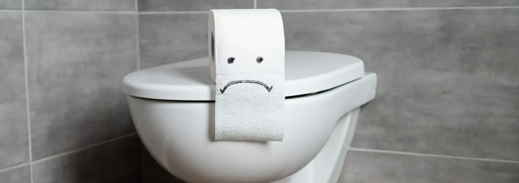 A roll of toilet paper with a sad face drawn on it, hanging over the closed lid of a toilet.