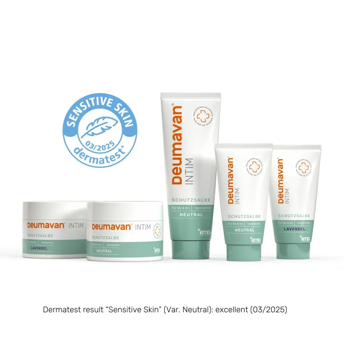 Protective ointment in tins and tubes, Lavender and Neutral, with the round Dermatest seal “Sensitive Skin 03/2025”; below them the line: Dermatest result “Sensitive Skin” (Var. Neutral): excellent (03/2025).