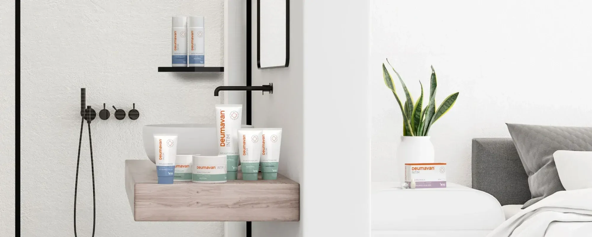 A bright bathroom and bedroom: two washing lotion bottles on a black wall shelf, tubes and tins of the range on a wooden shelf beside a washbasin, and a carton of ovules on a bedside table next to a plant.