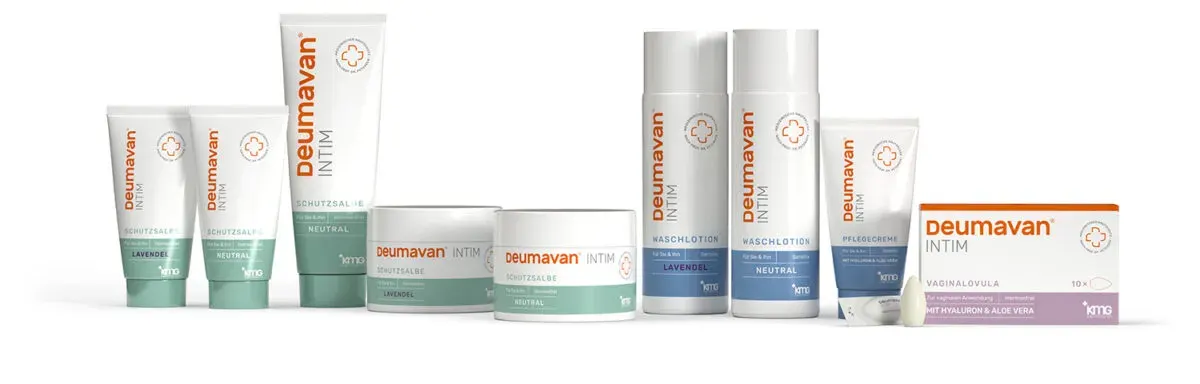 The range side by side: protective ointment tubes and tins (Lavender and Neutral), two washing lotion bottles (Lavender and Neutral), the care cream tube and a carton of vaginal ovules with one ovule in front of it.