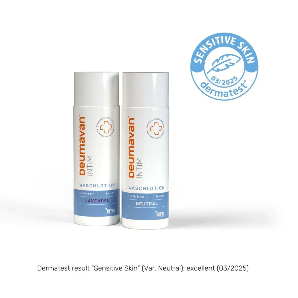 Two bottles of the washing lotion, Lavender and Neutral, with the round Dermatest seal “Sensitive Skin 03/2025”; below them the line: Dermatest result “Sensitive Skin” (Var. Neutral): excellent (03/2025).