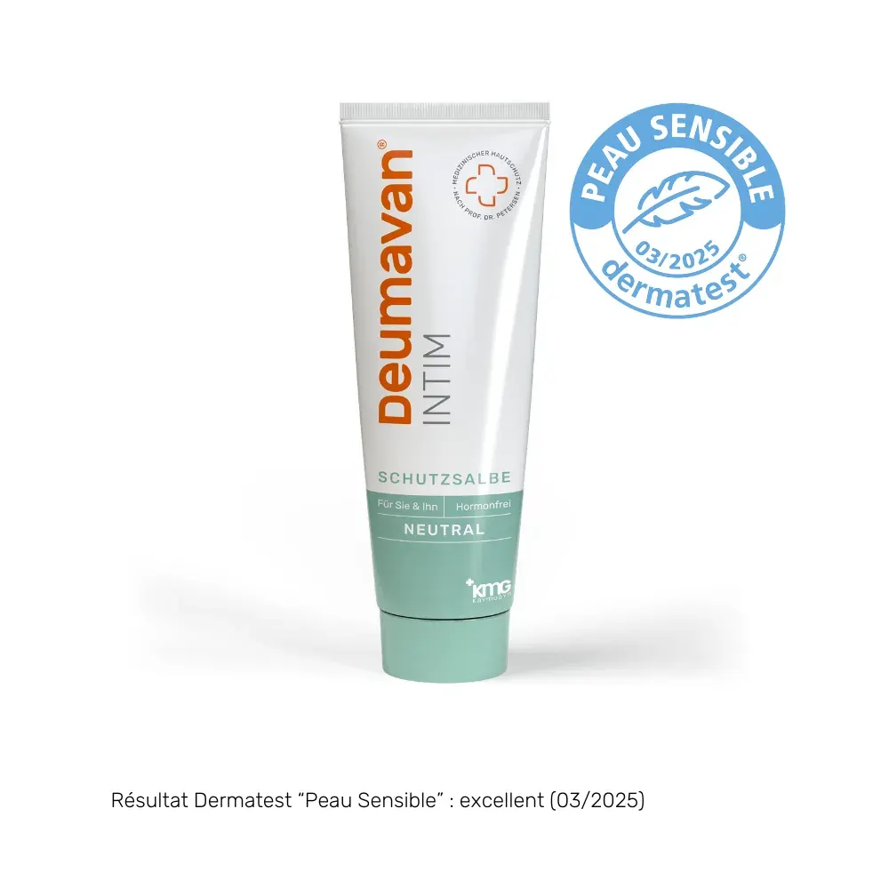 Tube de pommade protectrice Deumavan Neutre (emballage allemand) et sceau Dermatest « Peau sensible » 03/2025, avec la mention : résultat Dermatest excellent (03/2025).